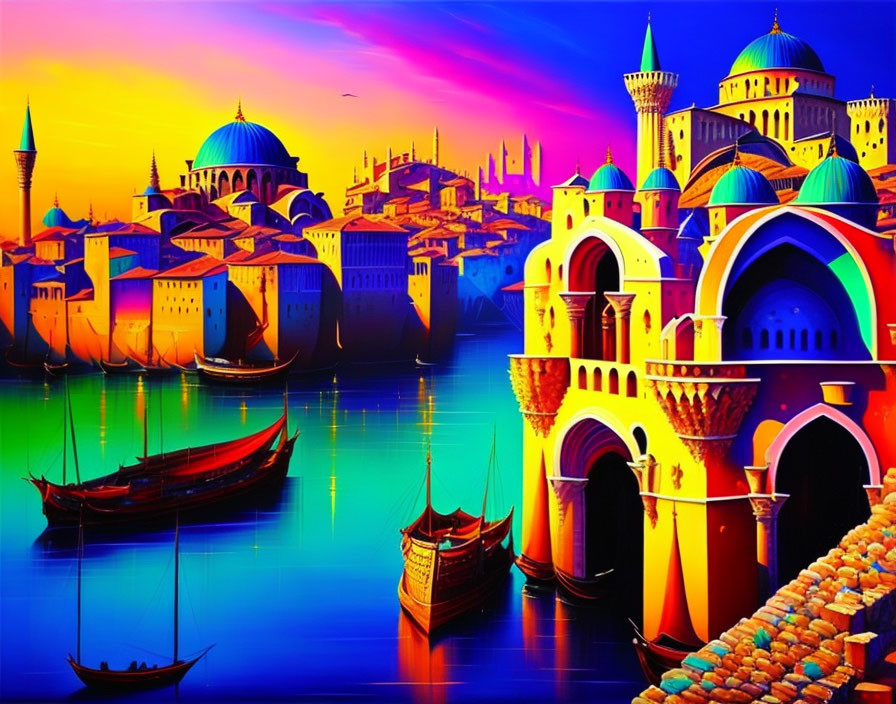 Colorful Fantastical Cityscape with Minarets and Boats on Calm Water