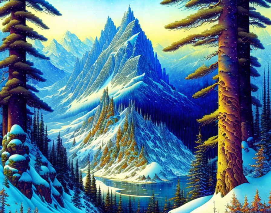 Snow-covered trees, mountain range, and blue lake in serene winter landscape