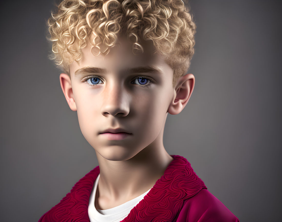 Young boy with curly blonde hair and blue eyes in red jacket on grey background