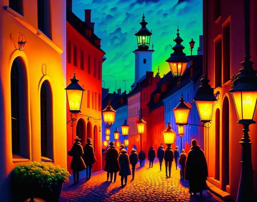 Colorful Twilight Street Scene with People Walking under Street Lamps