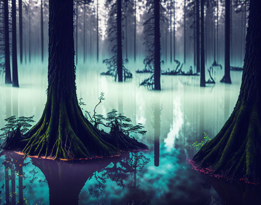 Enchanting forest scene with fog, tree roots, and piercing light
