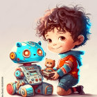 Futuristic animated boy with blue robot and blurred background