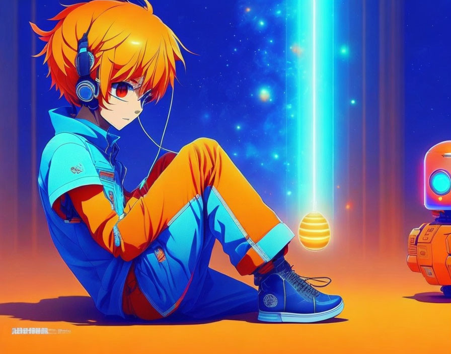 Orange-Haired Animated Character in Blue Spacesuit with Robot on Cosmic Background