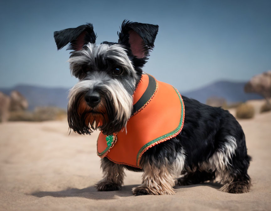 Schnauzer Dog in Orange Vest Sitting on Sand with Desert Background