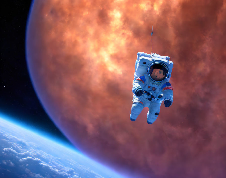 Astronaut floating in space with Earth's horizon and celestial body
