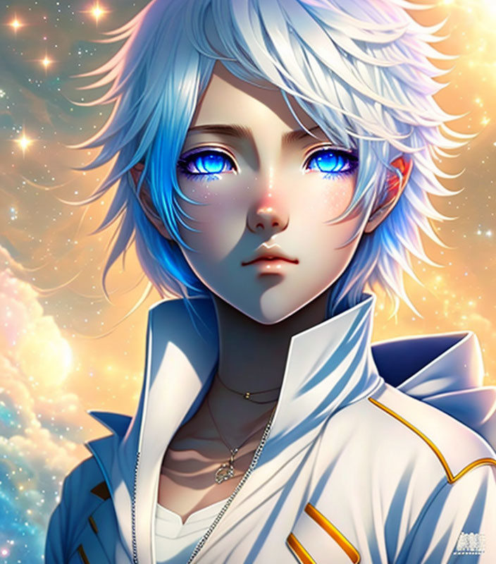 Anime-style character with blue eyes and white hair in white and gold jacket on starry background