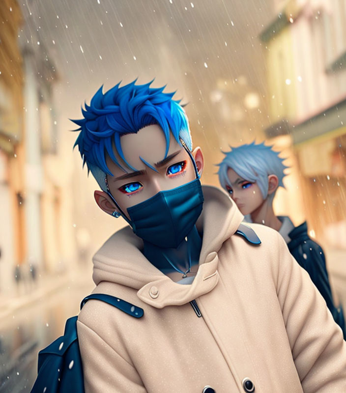 Digital illustration of two characters with blue hair and eyes in masks and jackets in snowy urban setting