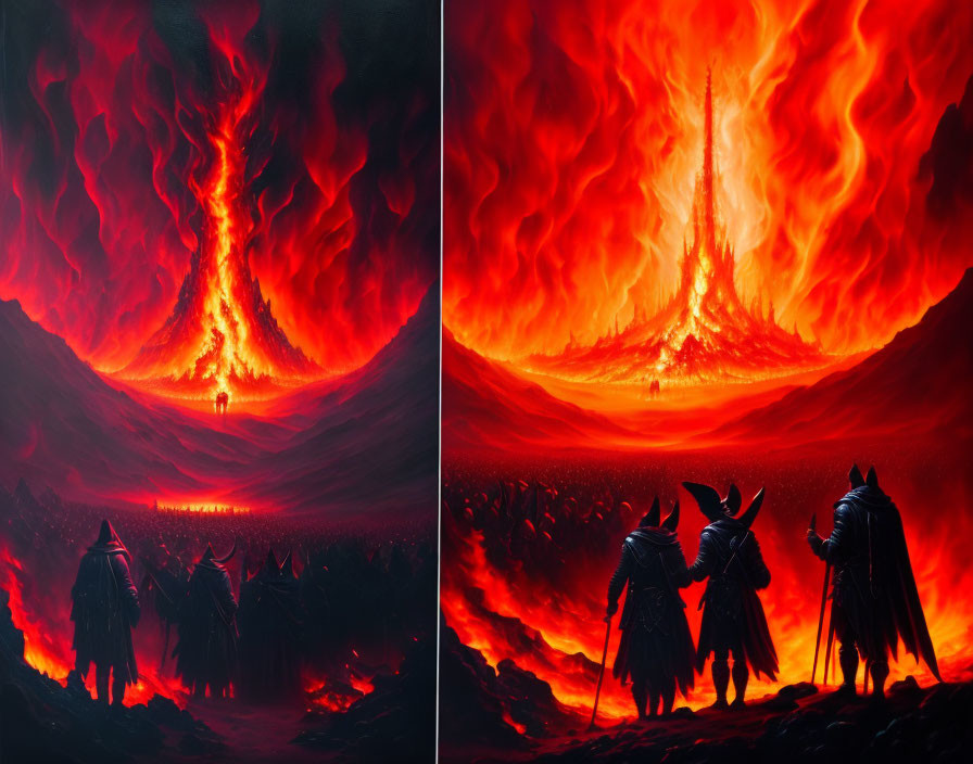 Volcanic eruption scene with silhouetted figures and red sky