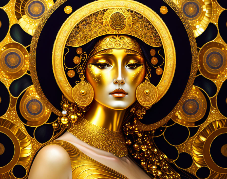 Stylized woman portrait with elaborate headgear and jewelry on black and gold background