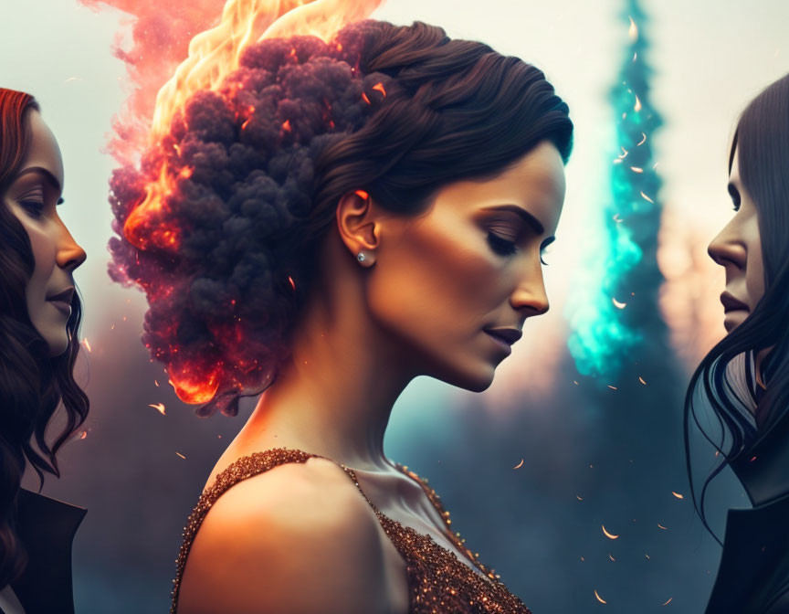 Surreal artwork: Woman with fiery explosion hair and mirror image with cool blue flames