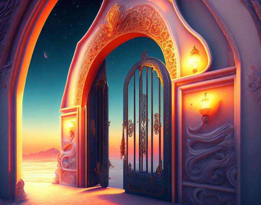 Ornate open doorway framing serene sunset or sunrise with crescent moon and starlit sky.