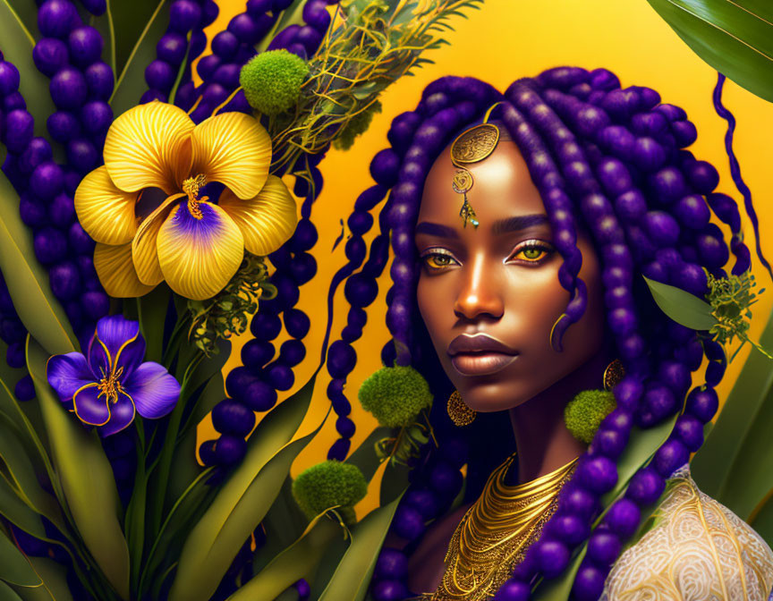 Digital artwork of woman with purple braids in vibrant floral setting