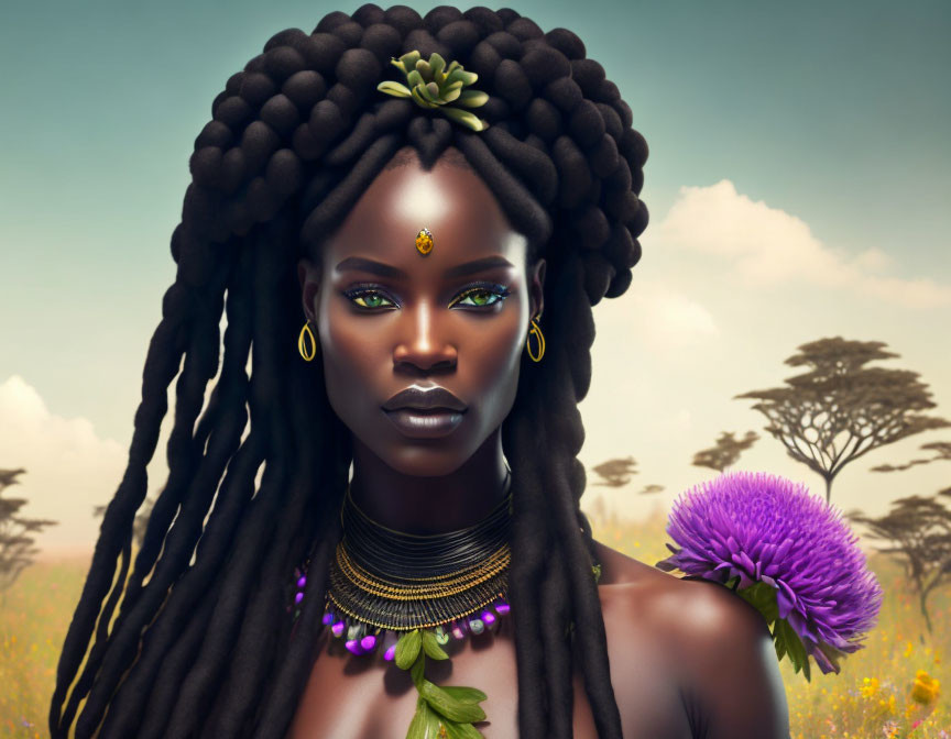 African woman with elaborate braids and gold jewelry in savannah scenery