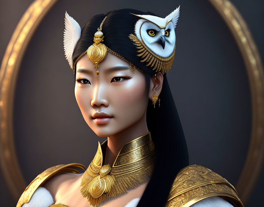 Digital Artwork: Woman with Asian Features and Ornate Gold Jewelry, Owl Perched on Shoulder