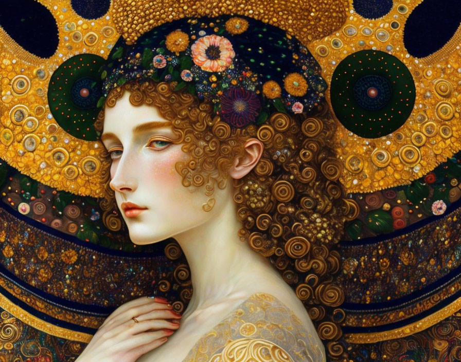 Intricate gold patterns on woman with floral designs in Gustav Klimt style