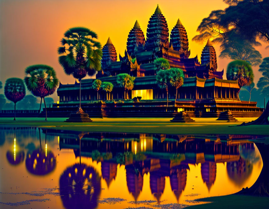 Illuminated temple with spires reflected in water at dusk