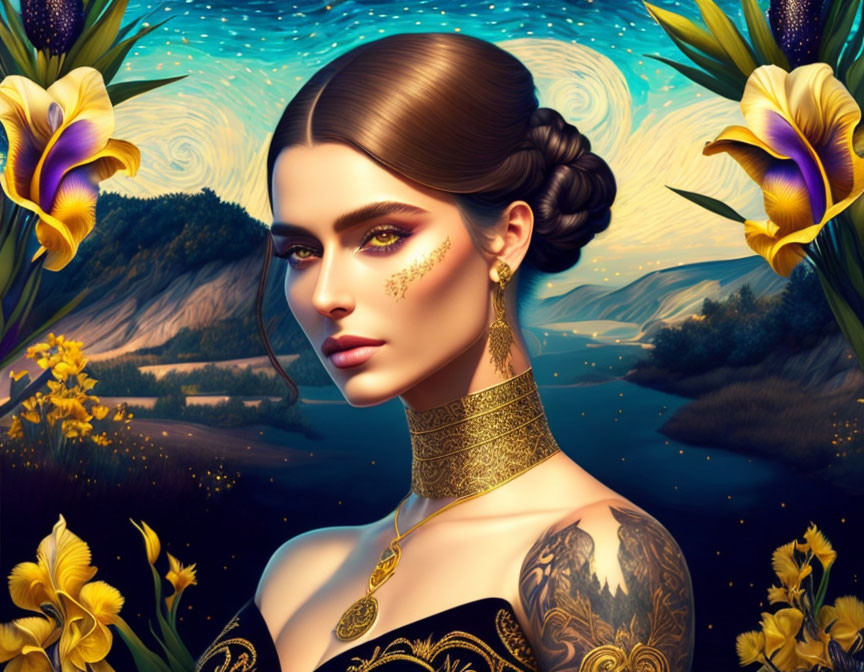 Detailed Illustration of Woman with Sleek Hair, Gold Jewelry, Tattoos, Night Landscape, and