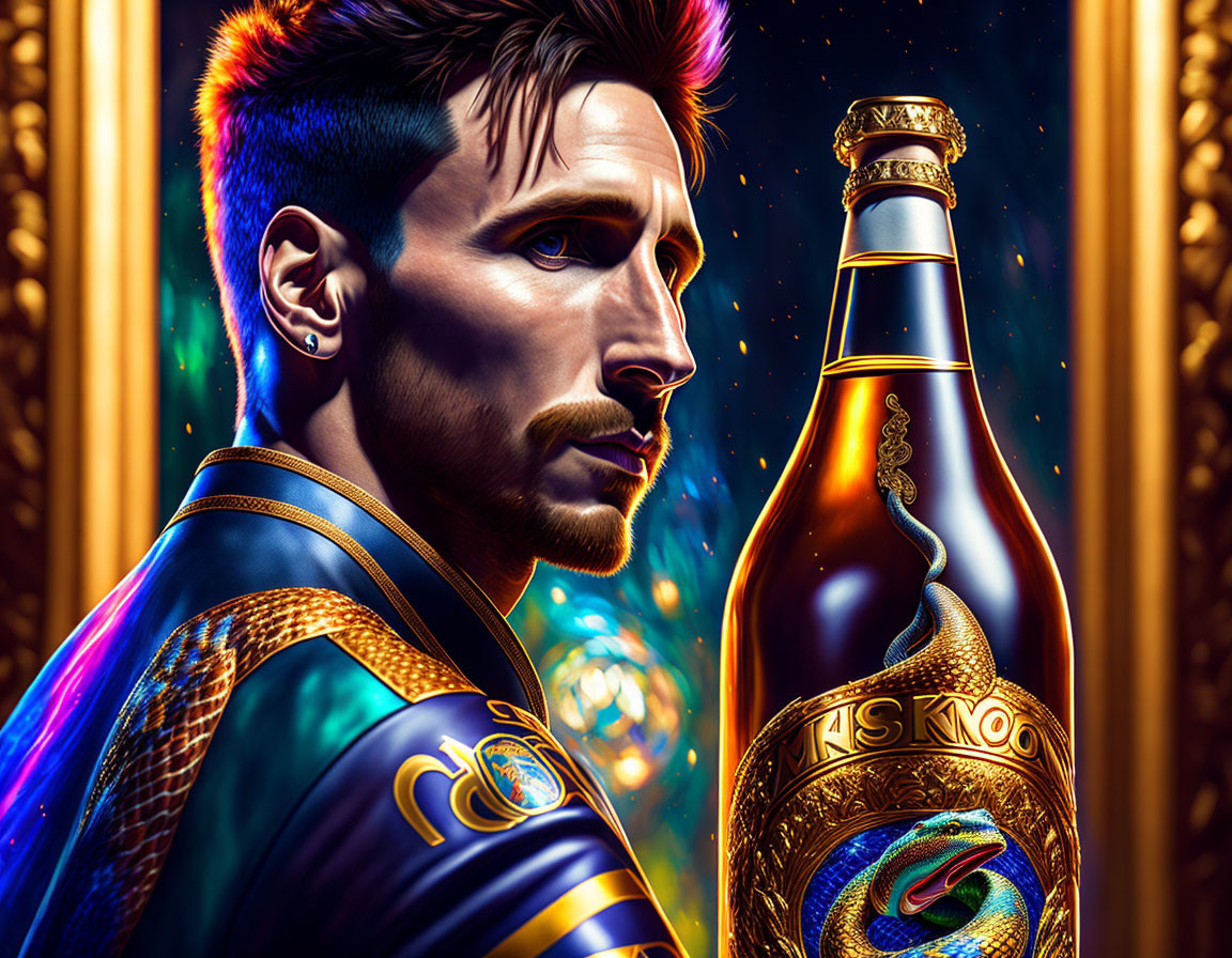 Stylized image of man with beard and unique hairstyle next to ornate dragon bottle on golden backdrop