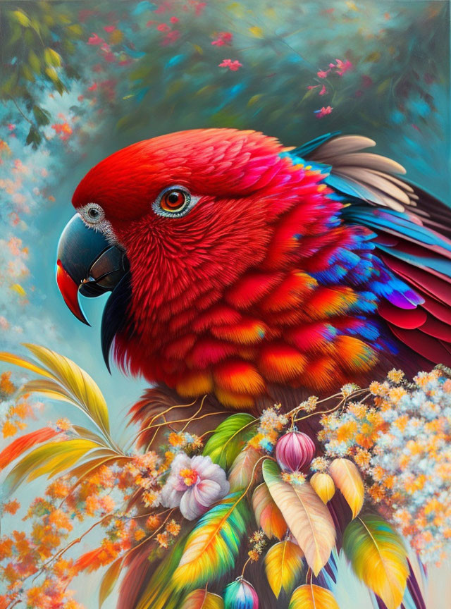 Colorful Painting of Red Parrot Among Tropical Foliage
