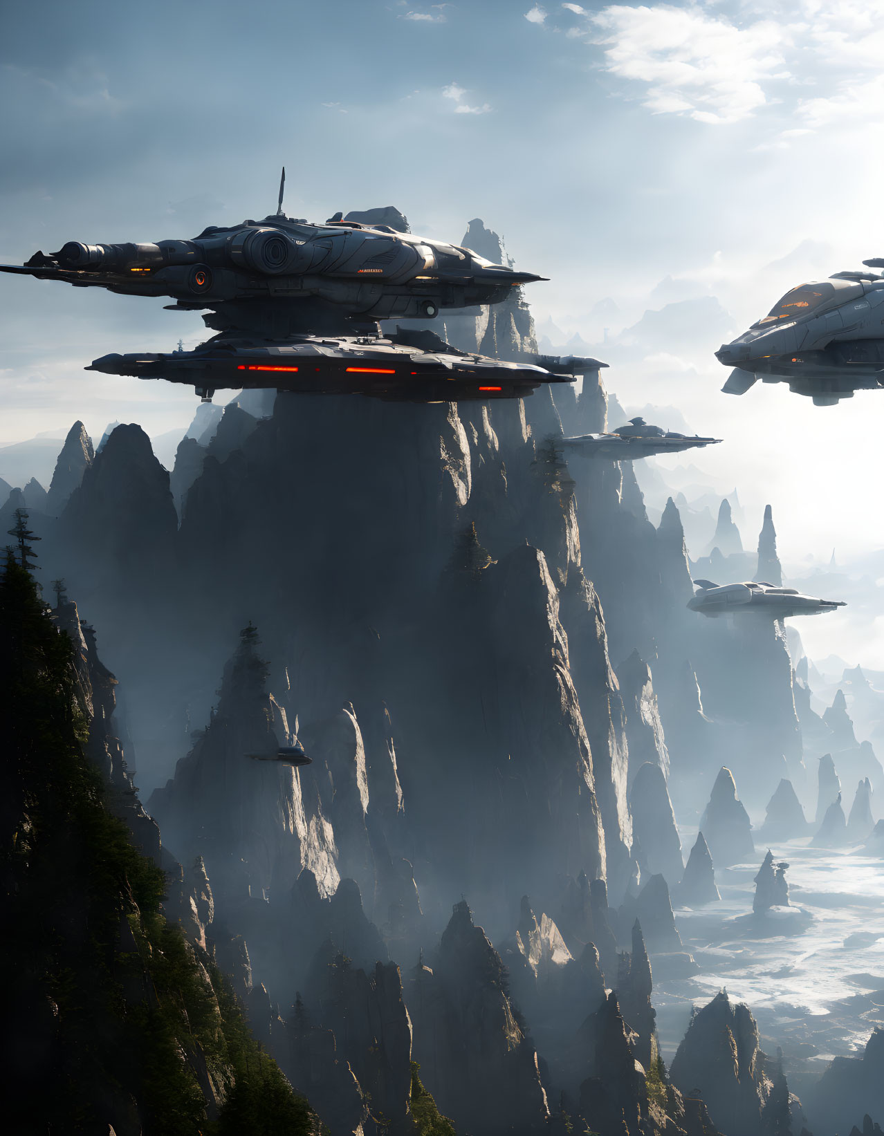 Futuristic aircraft above misty mountain peaks with sunlight.