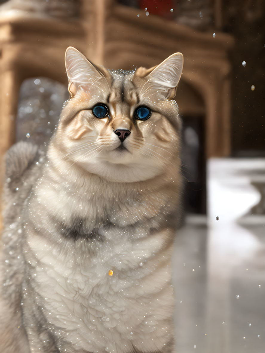 Blue-eyed cat with cream coat in snowflakes on elegant background