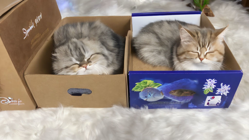 Two cute cats sleeping in cardboard boxes on white rug
