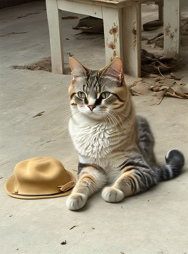 Cat with unique markings beside tan hat on concrete floor with wooden chair and dry leaves.