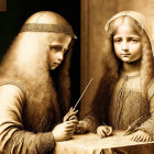 Two women in Renaissance attire drawing on parchment with ornate details.