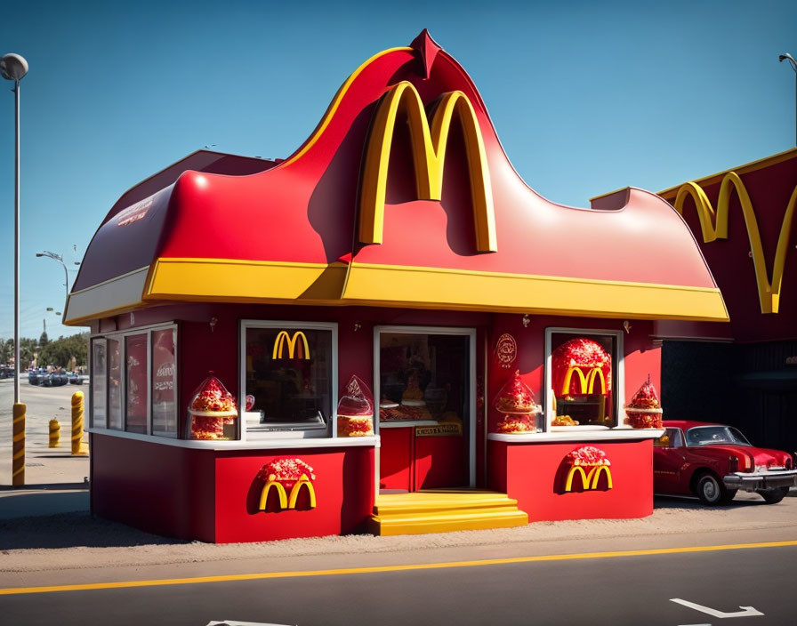 Iconic McDonald's restaurant with red and yellow colors and golden arches by a street.