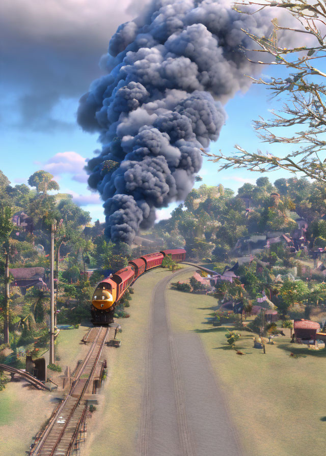 Classic train with large smoke plume in quaint village scenery