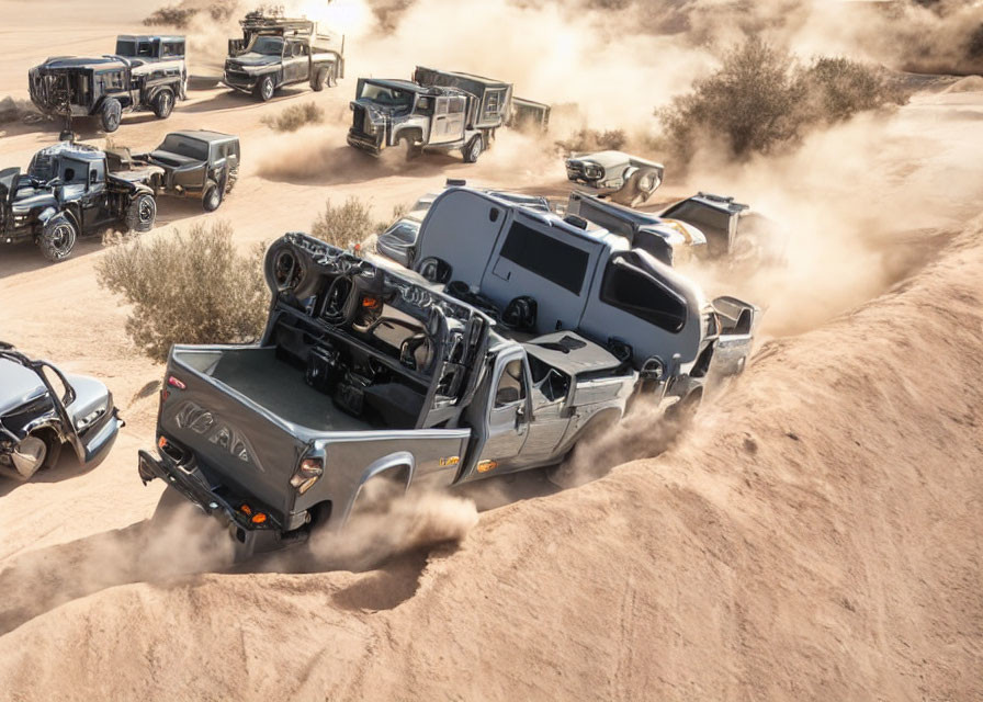 Rugged trucks navigating desert dunes in a cloud of dust