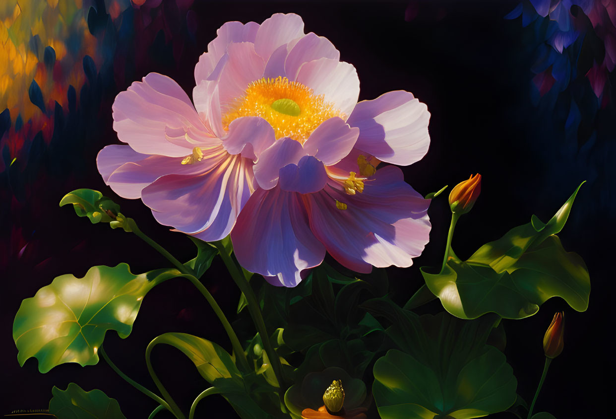 Detailed Painting of Large Pink Flower on Dark Background