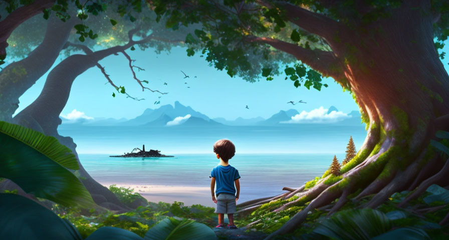Child admires beachscape with shipwreck, mountains, and birds