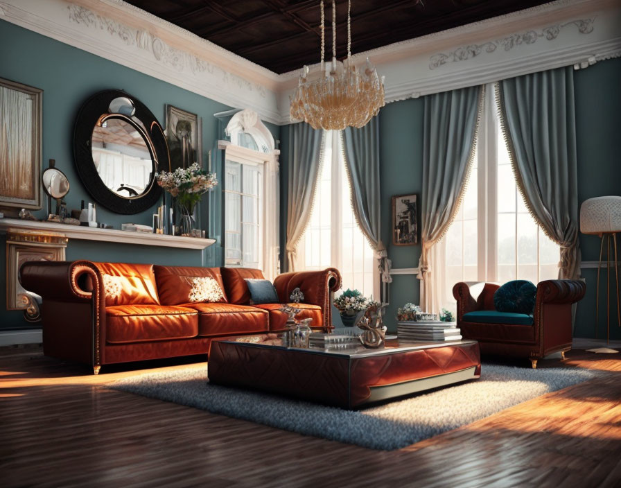 Classic Living Room Design with Leather Sofa, Armchairs, Chandelier, Curtained Windows & Wooden