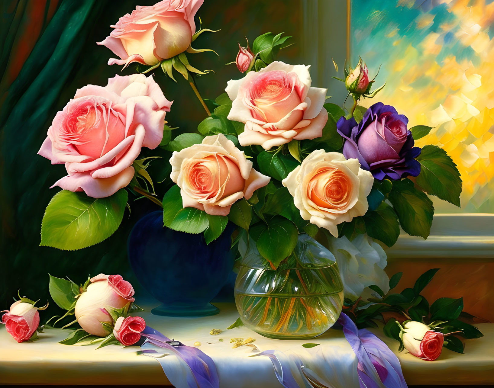 Colorful Rose Bouquet in Clear Vase on Sunlit Window Ledge