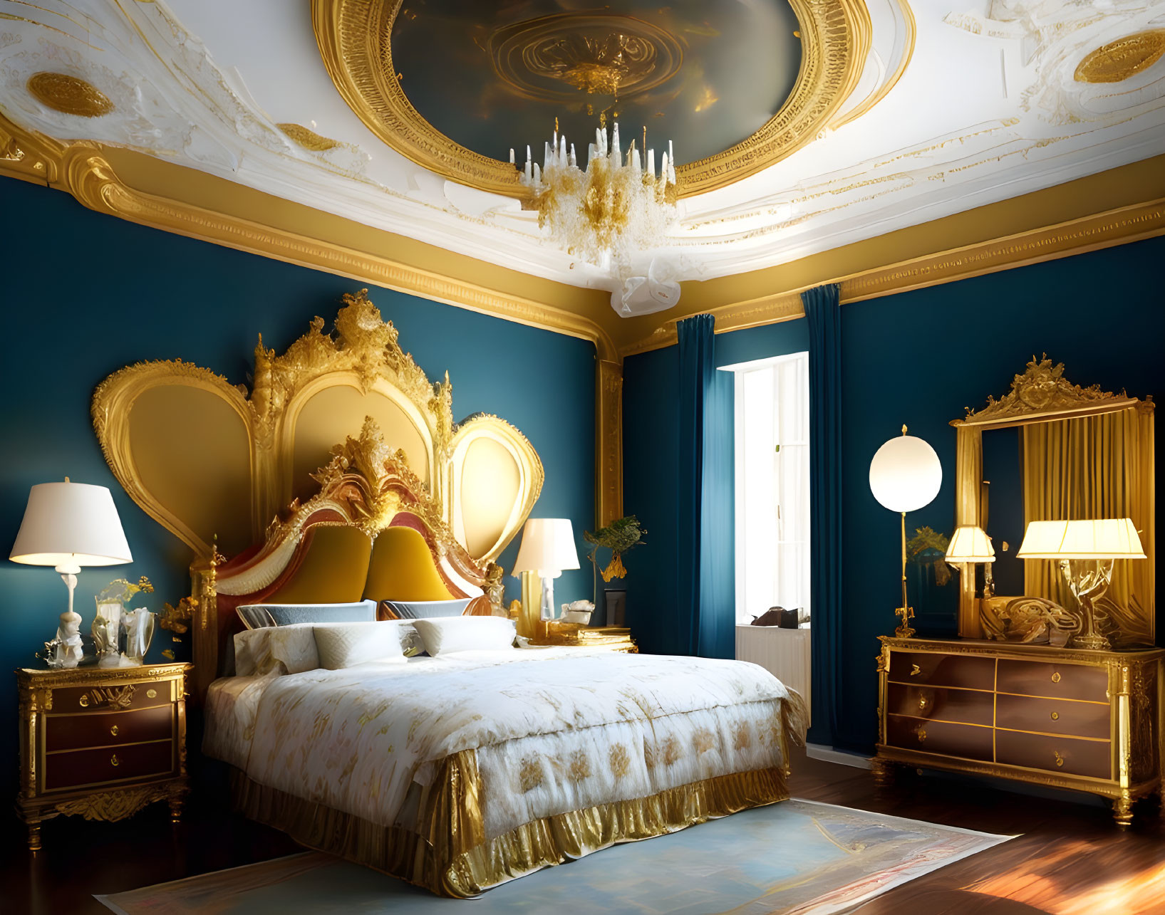 Luxurious bedroom with golden furniture, large bed, blue walls, white and gold ceiling