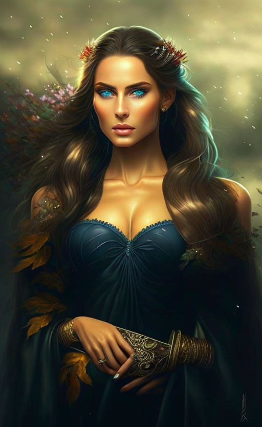 Digital artwork: Woman with blue eyes, wavy hair, autumn leaves, blue dress, golden bracelets