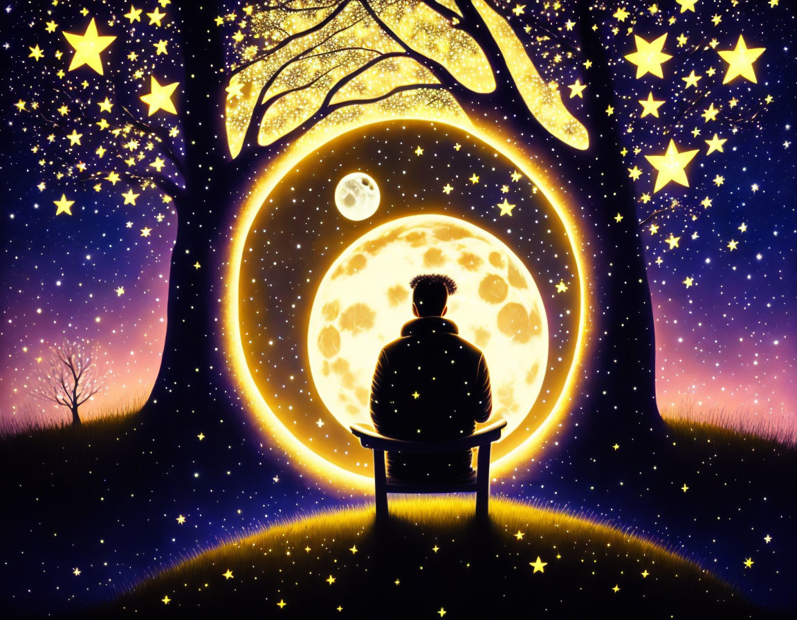 Person sitting on bench under starry sky with full moon and silhouetted trees