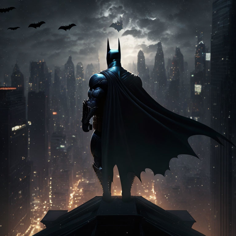 Dark Knight surveys city lights and flying bats at night.