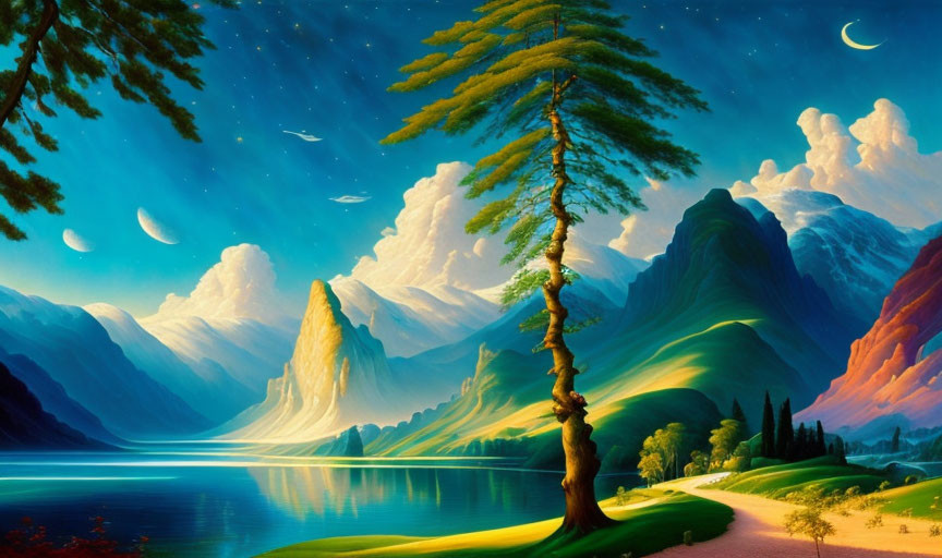 Serene landscape with pine tree, lake, hills, mountains, crescent moon & planets
