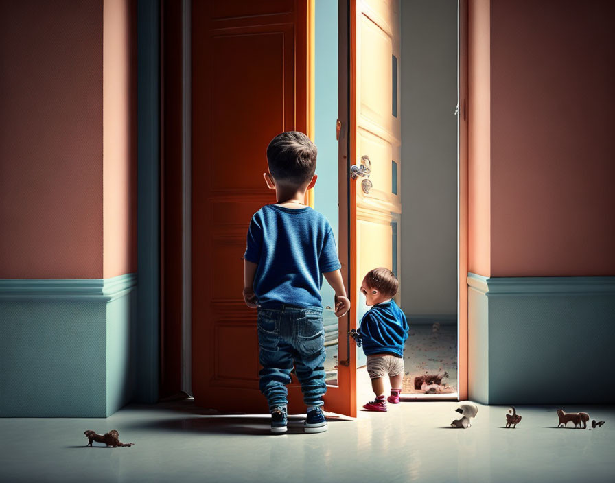 Young boy in blue shirt and jeans standing in corridor, observing smaller child in open room with scattered toy
