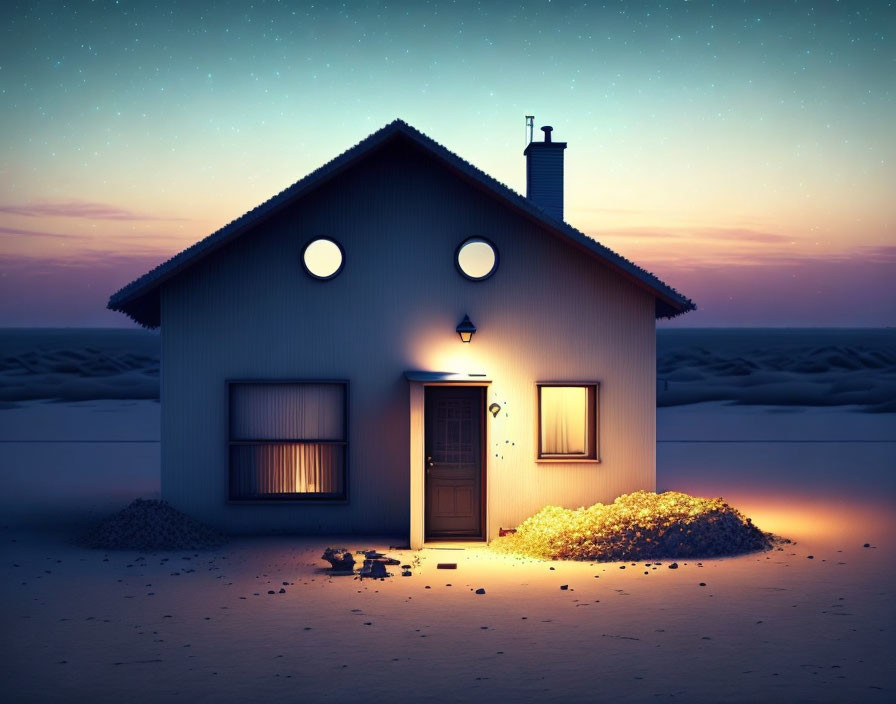 Small House Under Starry Sky in Tranquil Desert Twilight