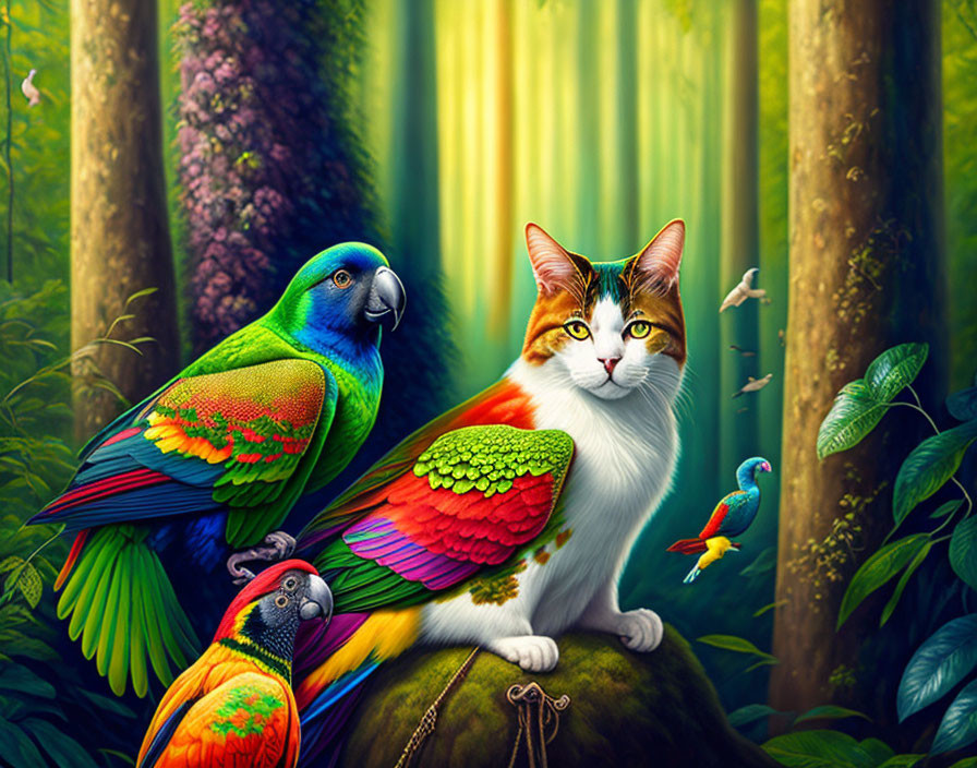 Colorful Calico Cat with Parrots in Sunlit Forest