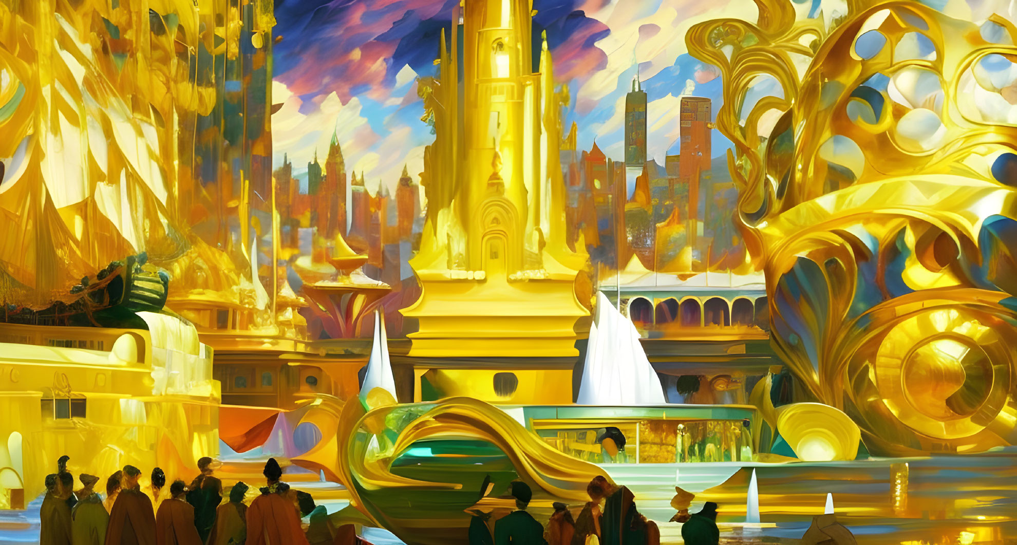 Futuristic cityscape with golden spires, sculptures, colorful attire, and dynamic sky
