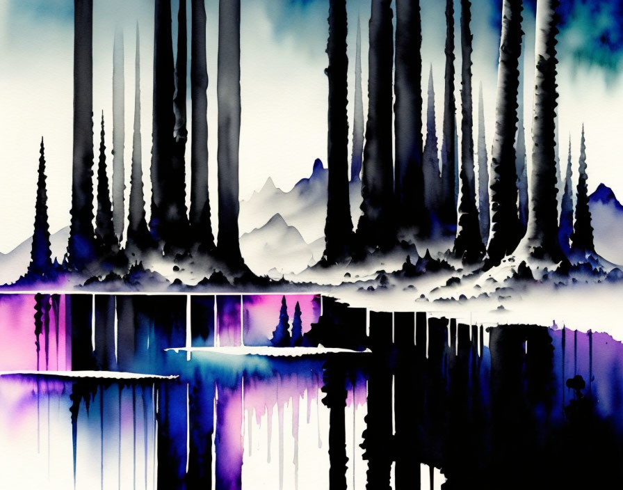 Abstract watercolor painting of serene landscape with trees, mountains, and reflective water in blue and purple.