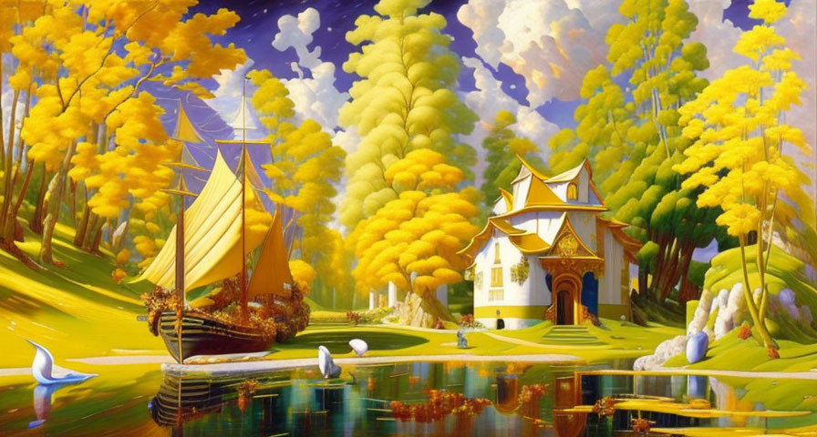 Colorful whimsical landscape with sailboat, house, and yellow trees under blue sky.