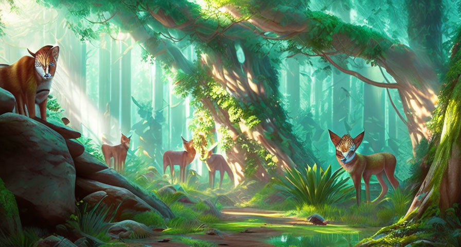 Stylized foxes in lush forest setting with sunbeams