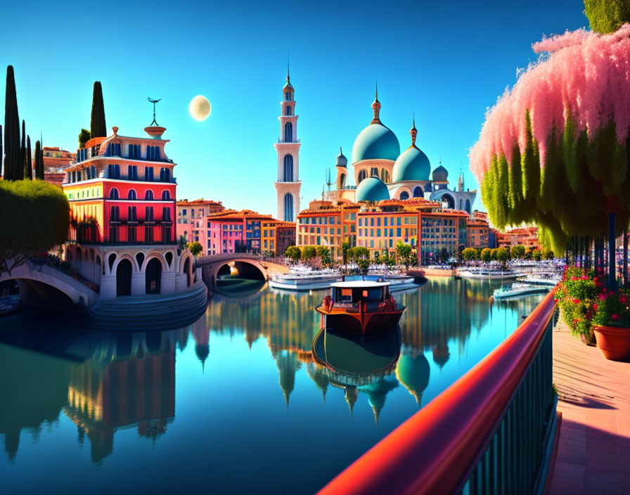 Colorful cityscape with domed buildings, reflecting water, trees, boat, and moon.
