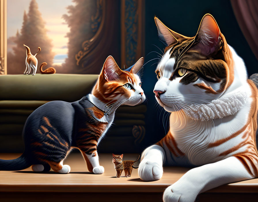 Realistic cats indoors with serene atmosphere and tree view