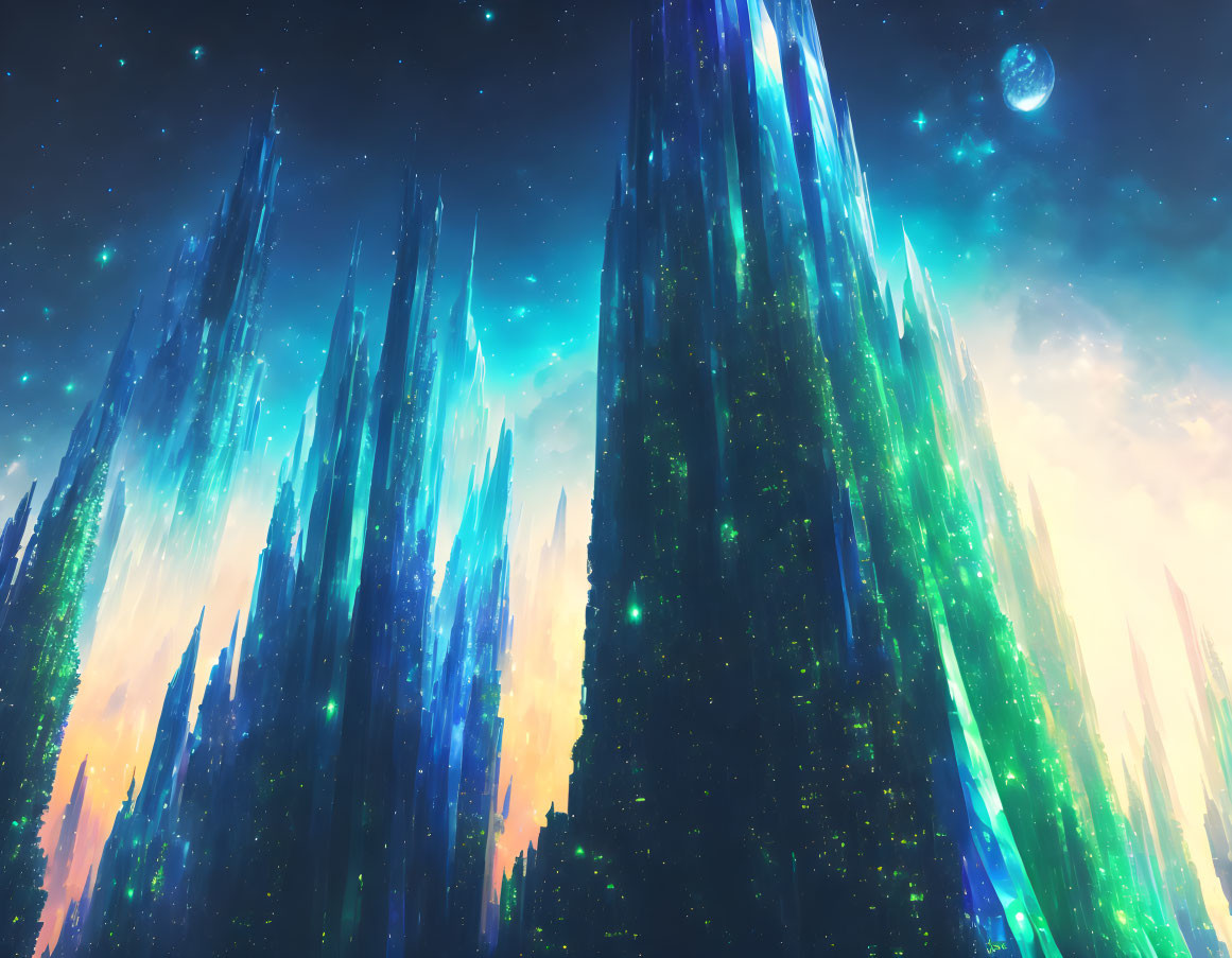 Fantasy landscape with towering crystal formations under starry sky